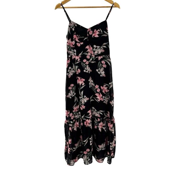 RIHOAS Women's Floral Tiered Midi Dress Black Pink Sweetheart Neckline Small NWT - Picture 1 of 7